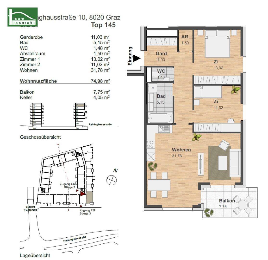Detaillierter Grundriss einer Wohnung mit Balkon, Garderobe und offenem Wohnbereich.