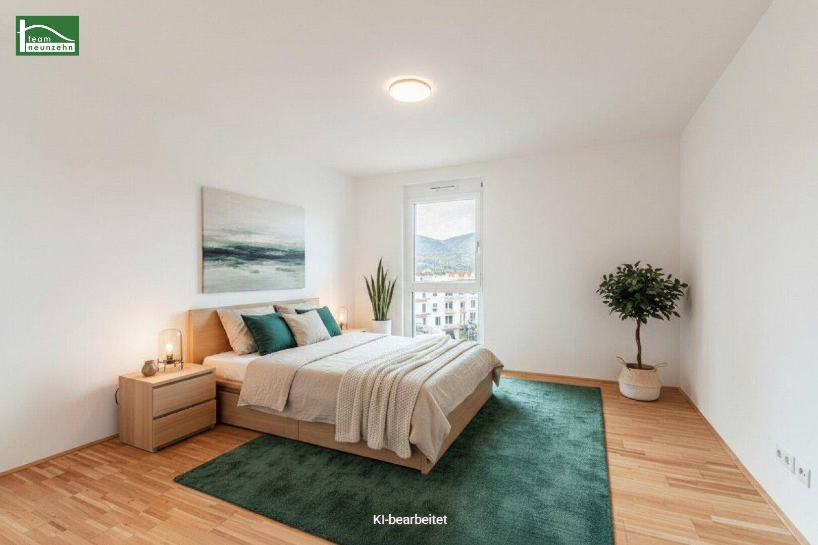 Gemütliches Schlafzimmer mit Holzboden, modernem Bett und Blick auf die Stadtlandschaft.