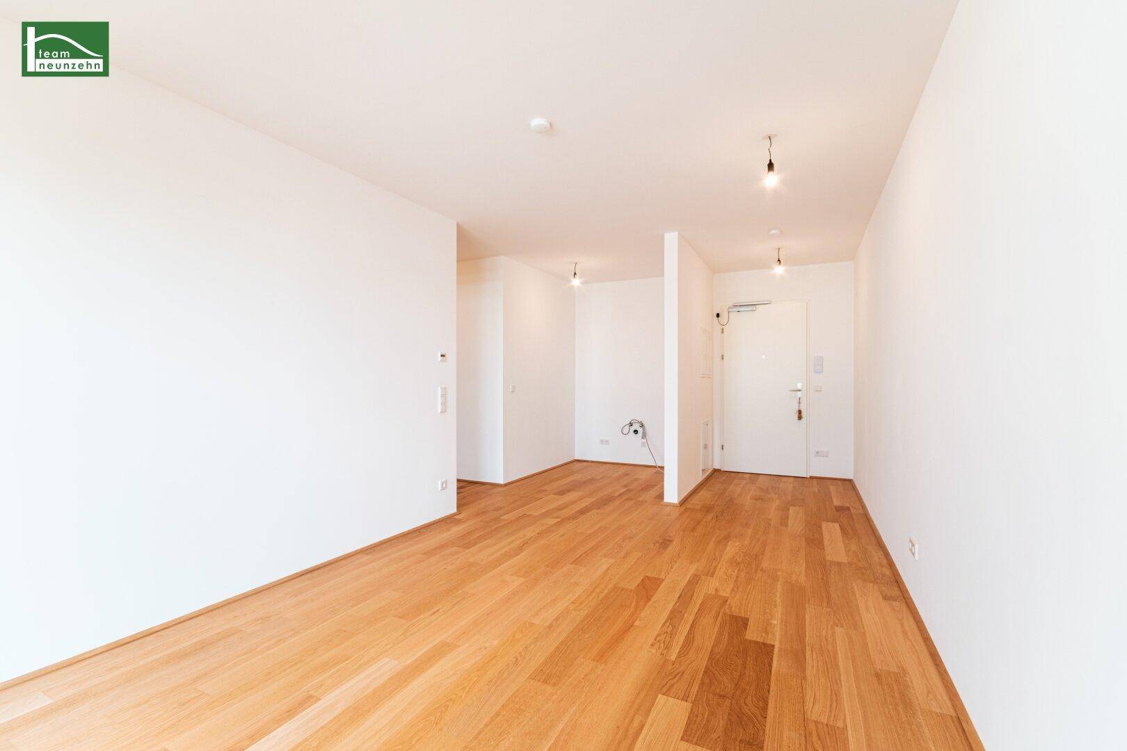 Heller Eingangsbereich mit Holzboden und weiß gestrichenen Wänden.