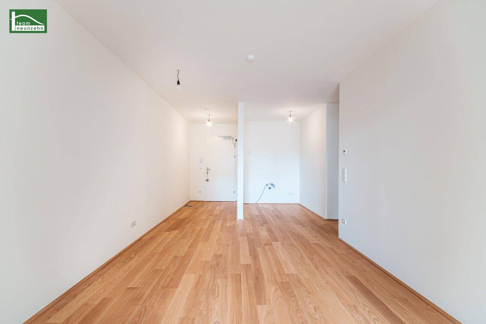 Leerer Eingangsbereich mit Holzboden und weiß gestrichenen Wänden, bereit zum Einzug.