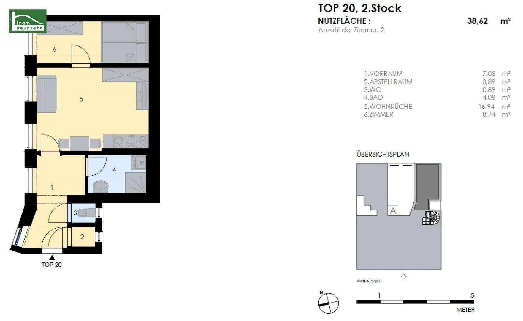Grundriss der Wohnung Top 20 im 2. Stock mit 38,62 m² Nutzfläche.