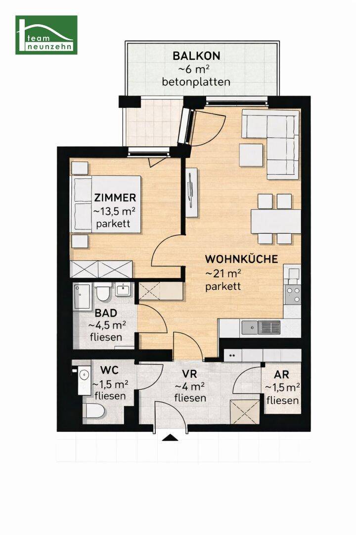 Grundriss einer Wohnung mit einem Schlafzimmer, offener Wohnküche und Balkon.