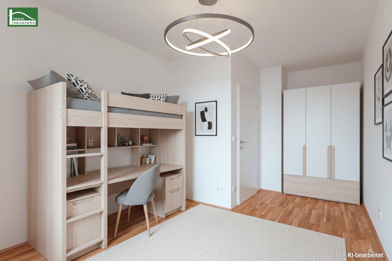 Kinderzimmer mit hellem Hochbett, integriertem Schreibtisch und modernem Kleiderschrank.