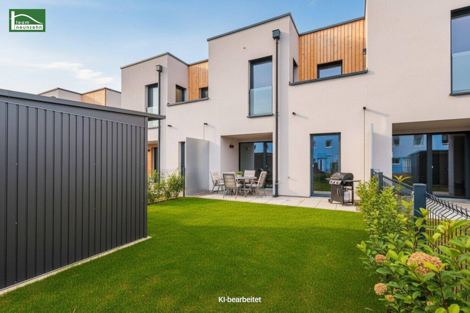 Moderne Reihenhäuser mit privatem Garten, Terrasse und Grillbereich.