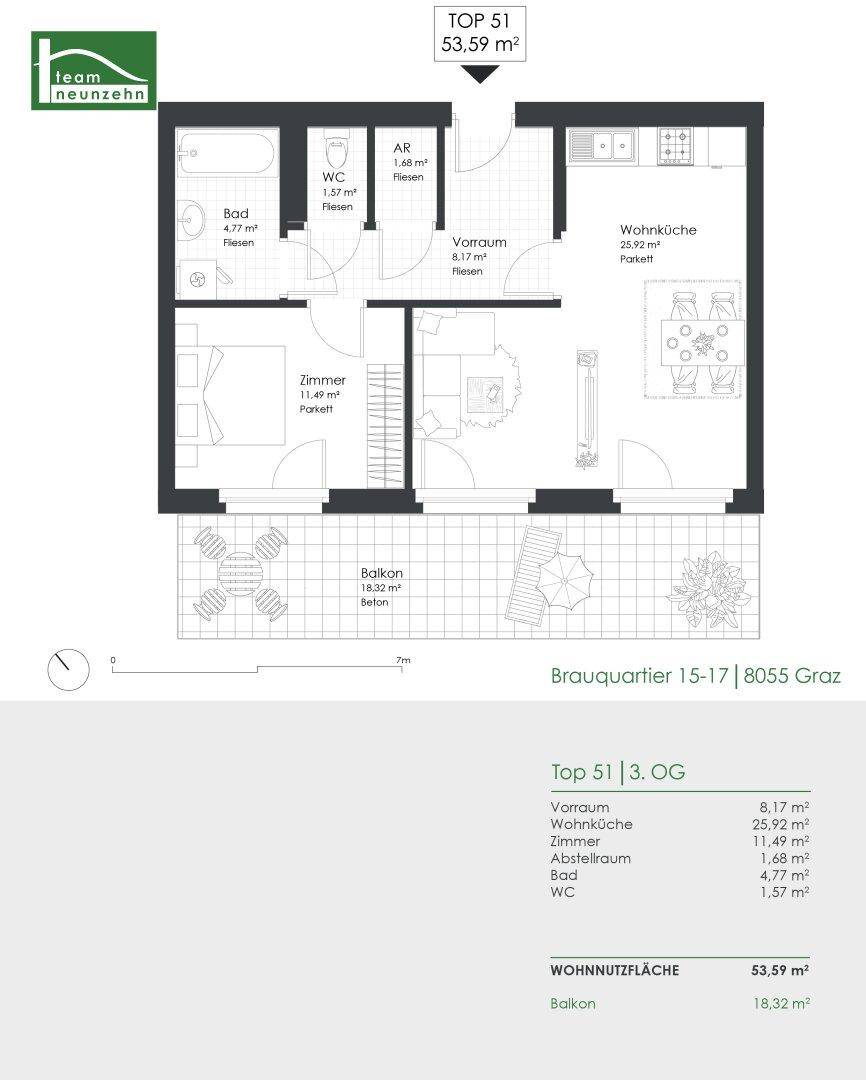 Grundriss der Wohnung TOP 51 mit offener Wohnküche, einem Schlafzimmer, Bad, separatem WC und großem Balkon.