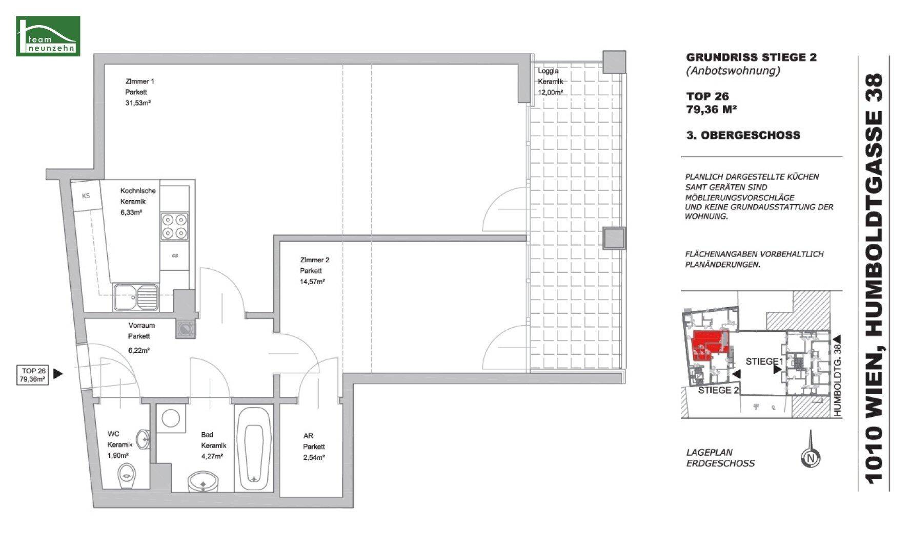 Grundriss der Wohnung Top 26 mit 79,36 m² im 3. Obergeschoss und einer Loggia.