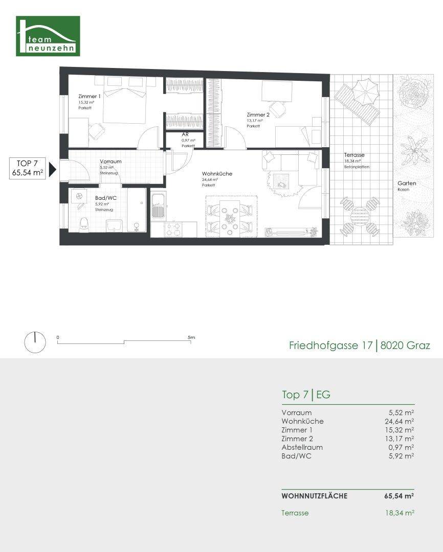Grundriss einer Erdgeschosswohnung mit zwei Schlafzimmern, offener Wohnküche, Terrasse und Garten.