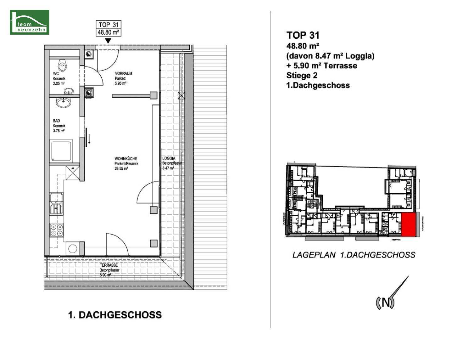 Grundriss der Wohnung TOP 31 im Dachgeschoss mit Loggia und Terrasse.
