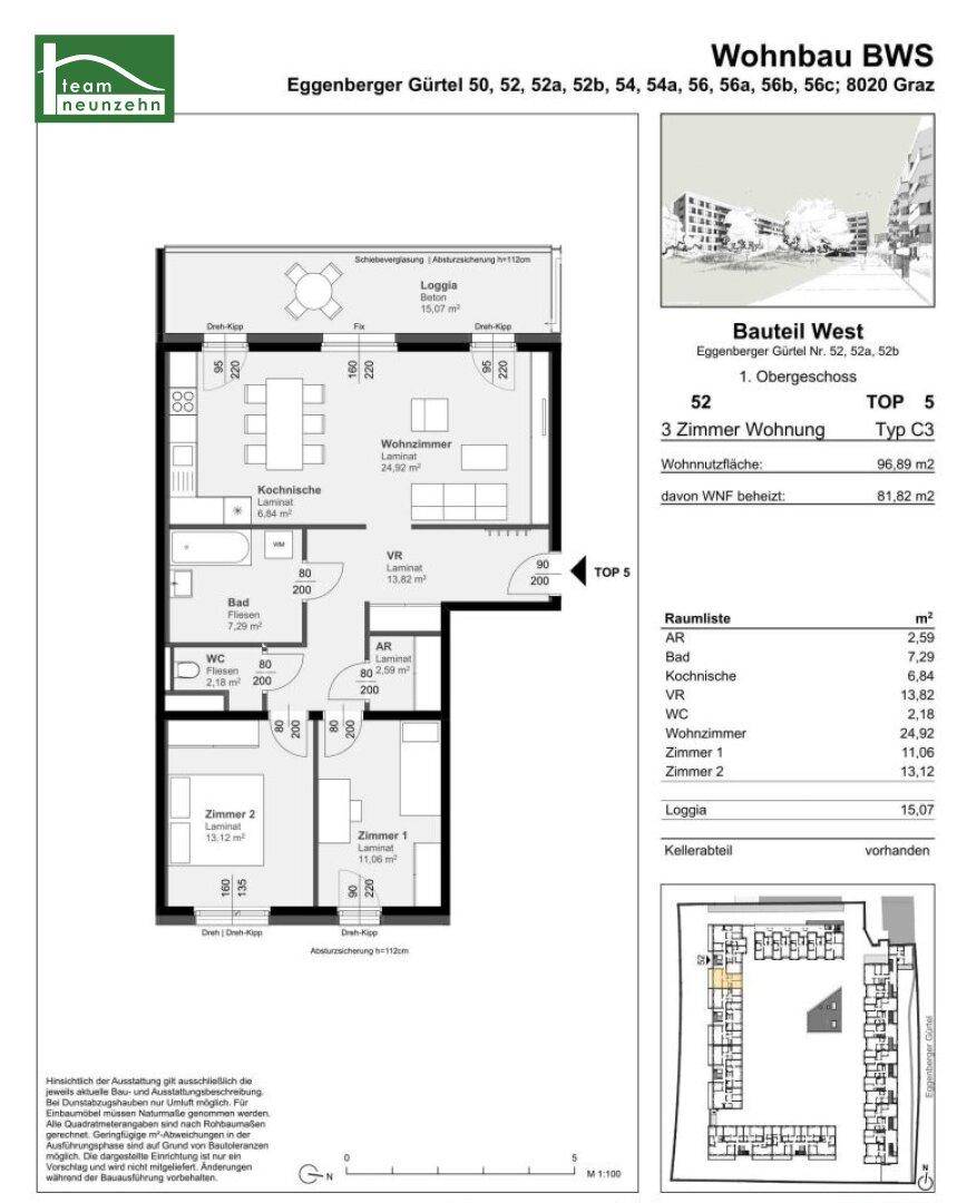 Grundriss einer 3-Zimmer-Wohnung mit offener Wohnküche, Loggia und separatem WC.