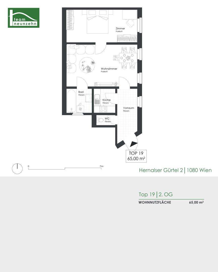 Grundrissplan einer 65 m² Wohnung mit einem Schlafzimmer, offenem Wohn-Essbereich und separater Küche.
