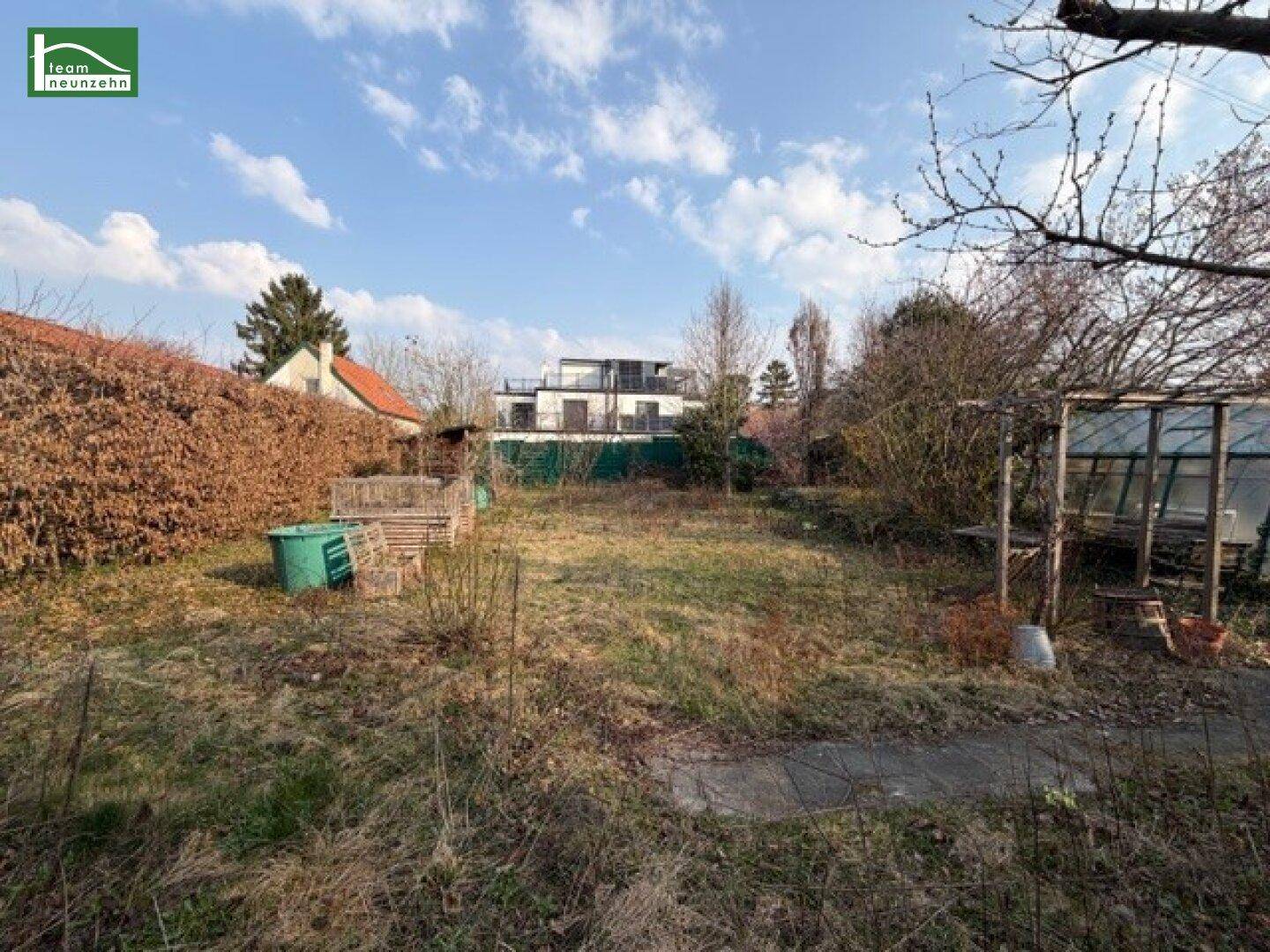 Großer Gartenbereich mit viel Potenzial, umgeben von Hecken und Bäumen, mit einem Gewächshaus im Hintergrund.