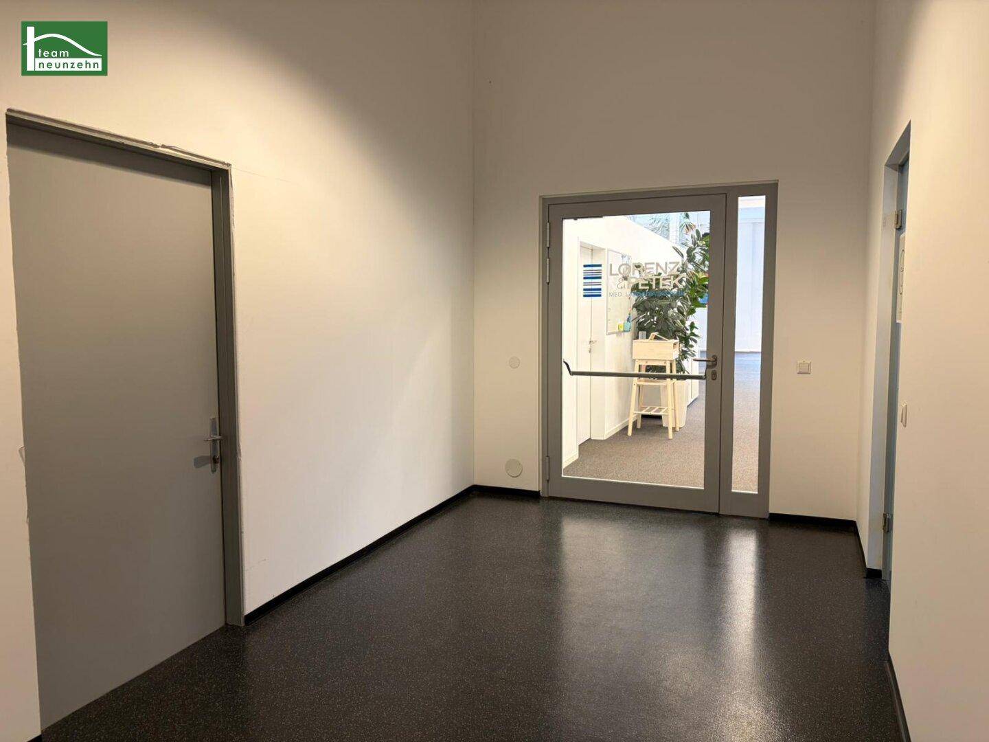 Eingangsbereich mit dunklem Boden, weißen Wänden und einer Glastür, die zu einem weiteren Raum führt.