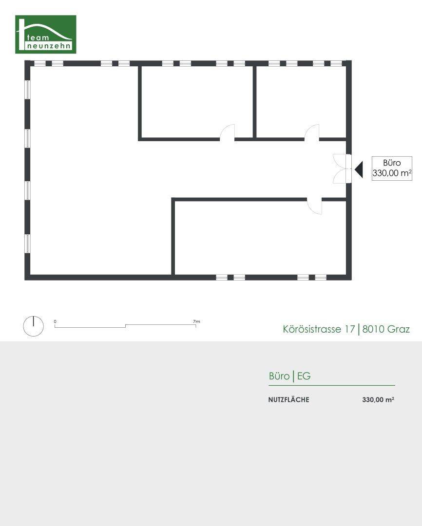 Grundriss des Erdgeschosses mit einer Nutzfläche von 330 Quadratmetern für Bürozwecke.