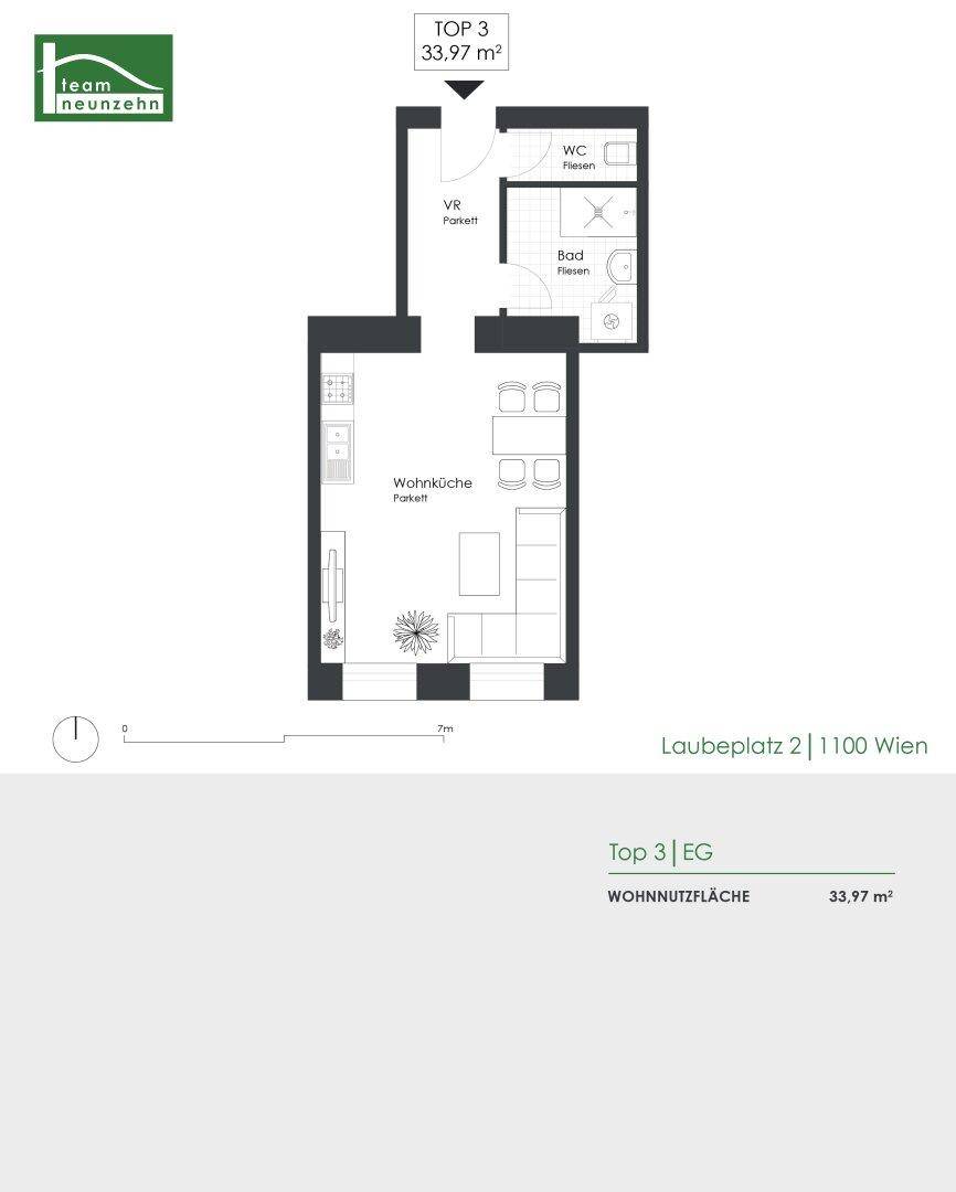 Grundriss einer kleinen Wohnung mit Wohnküche, Bad und WC, insgesamt 33,97 m².