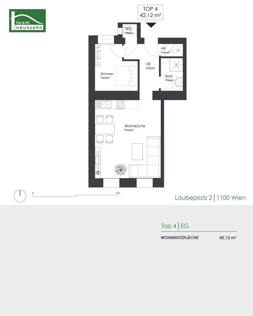 Grundriss einer Wohnung mit Wohnküche, Schlafzimmer, Bad und separatem WC auf 42,12 m².