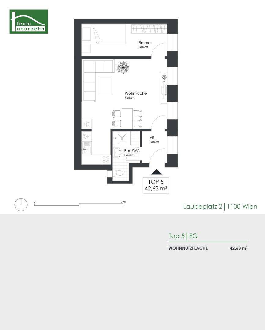 Grundriss der Wohnung Top 5 mit Wohnküche, Bad/WC und Schlafzimmer auf 42,63 m².