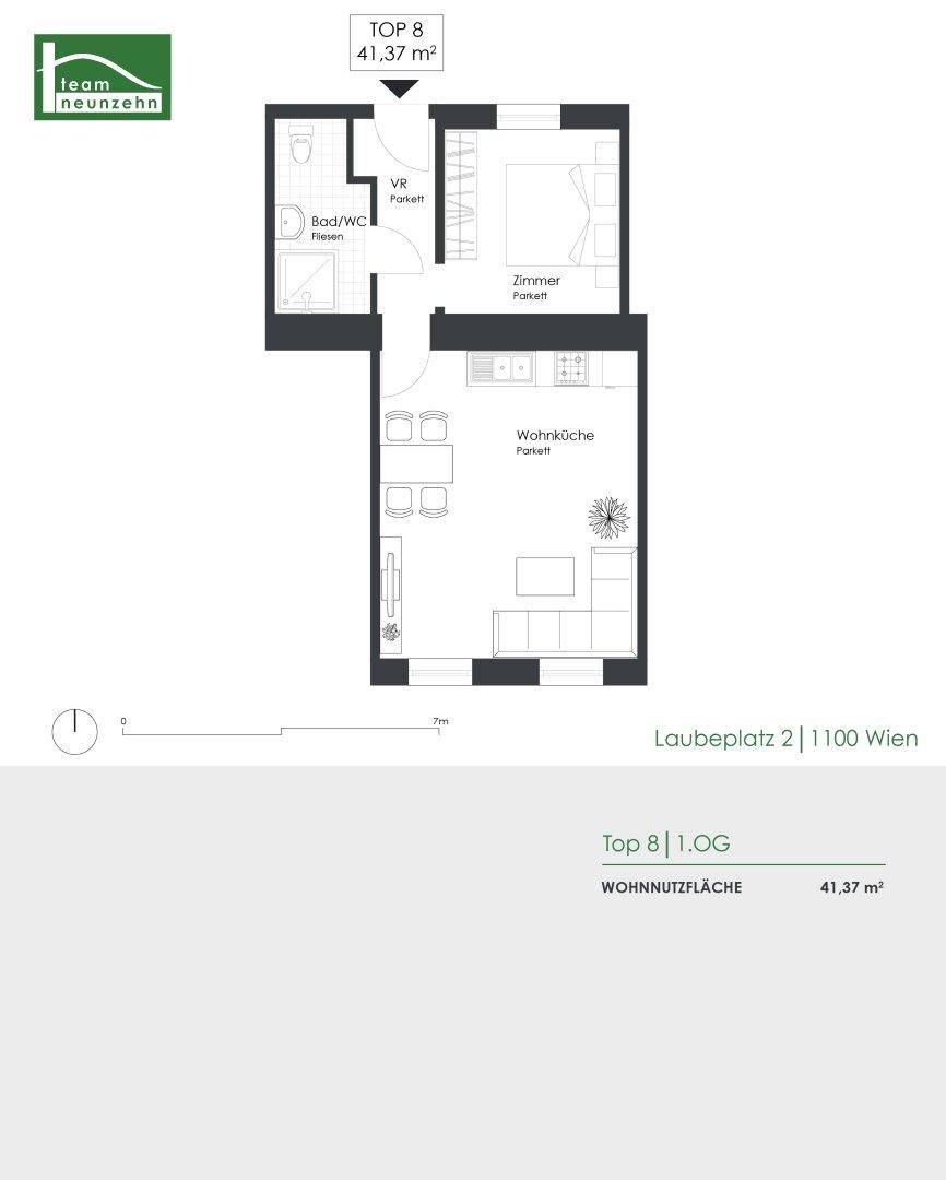 Grundriss der Wohnung Top 8 mit 41,37 m² Wohnfläche, inklusive Wohnküche und Schlafzimmer.
