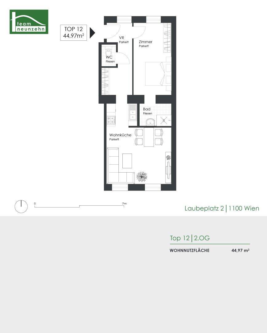 Grundriss einer Wohnung mit offener Wohnküche, Schlafzimmer, Bad und separatem WC.