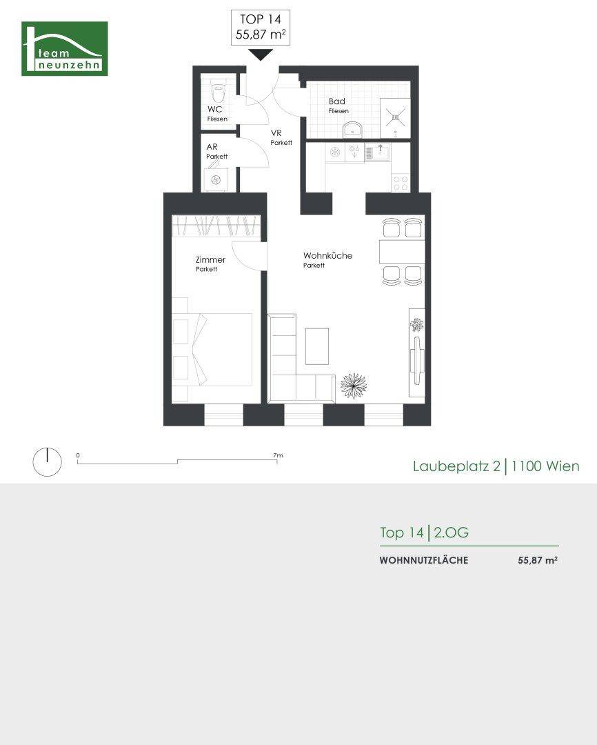 Grundriss einer Wohnung mit einem Schlafzimmer, Wohnküche, Bad, WC und Balkonzugang.