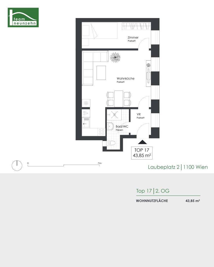 Grundriss einer 43,85 m² Wohnung im 2. Obergeschoss mit Wohnküche und separatem Zimmer.