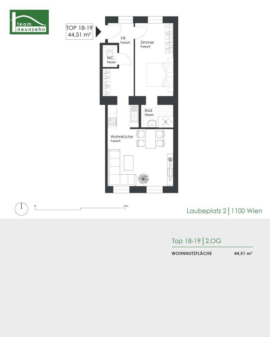 Grundriss einer Wohnung mit 44,51 m² Wohnnutzfläche, inklusive Wohnküche und Bad.