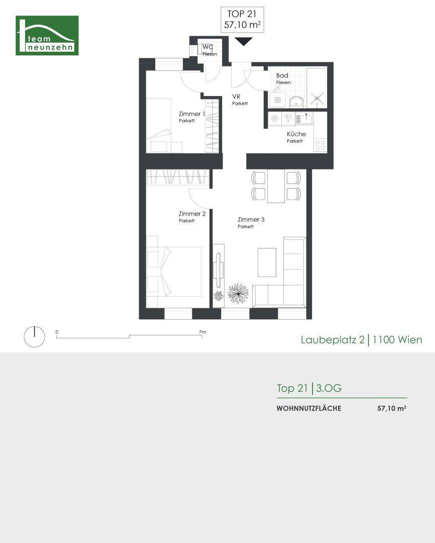 Grundriss der Wohnung Top 21 mit drei Zimmern, Bad, WC und Balkon auf 57,10 m².