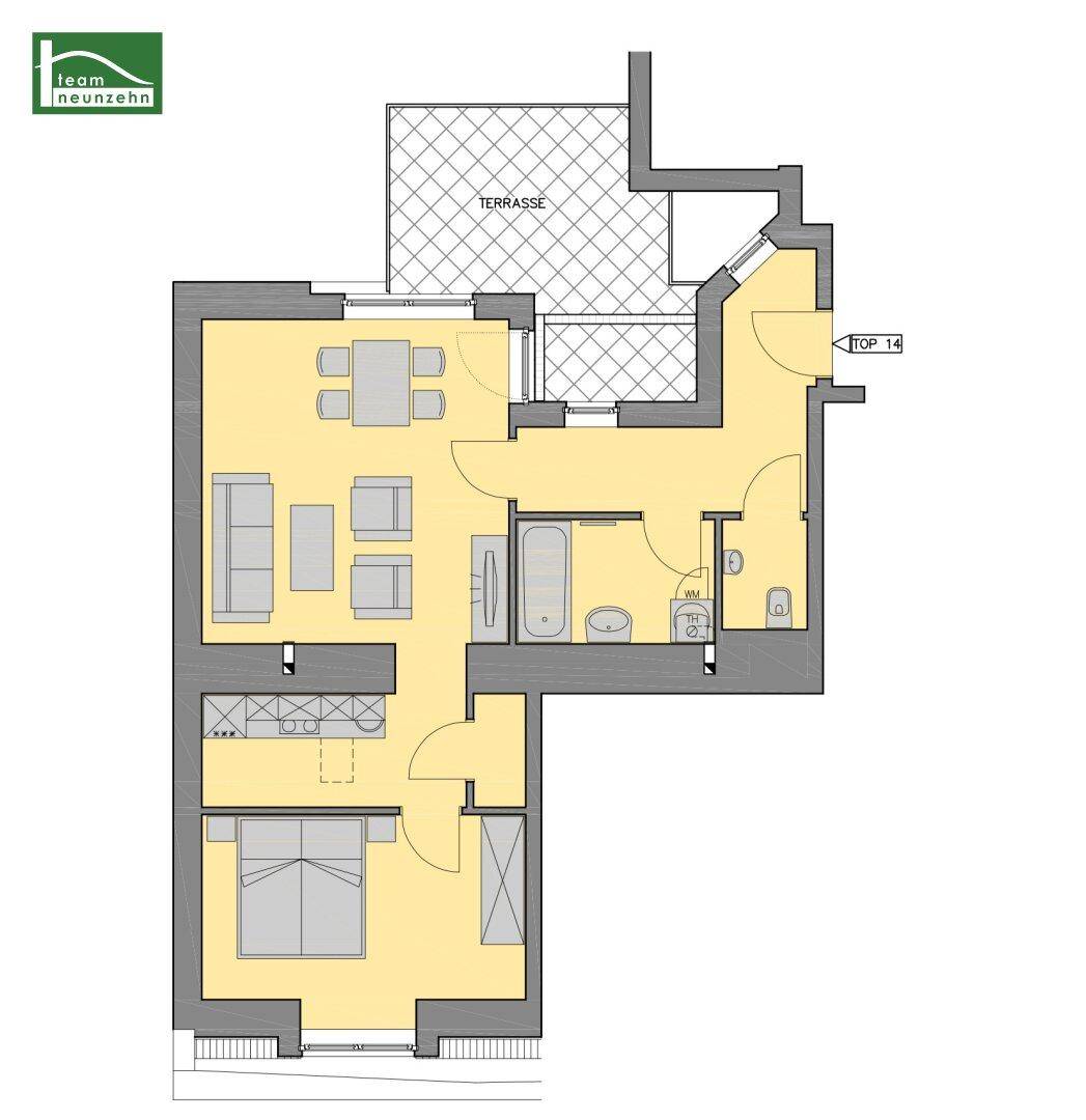 Grundriss der Wohnung mit einem Schlafzimmer, offener Küche und Terrasse.