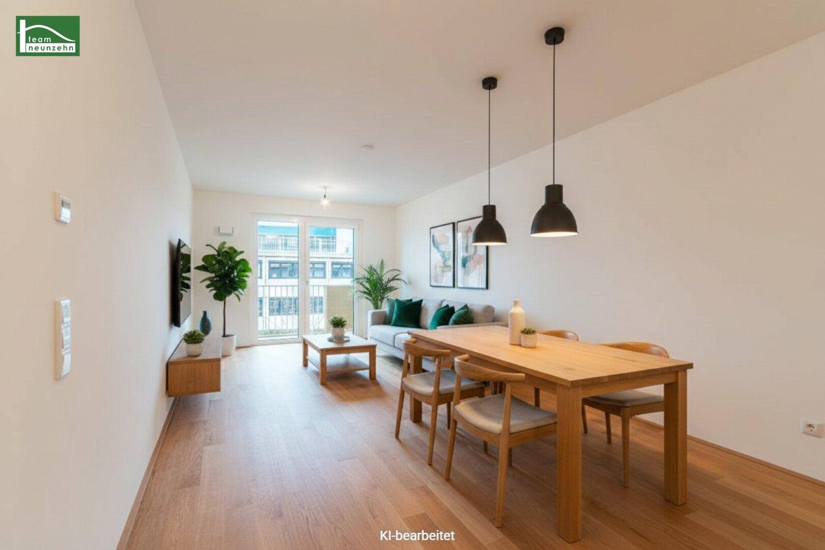 Modern eingerichteter Wohn-Essbereich mit Holzboden, Esstisch und gemütlicher Sitzecke.
