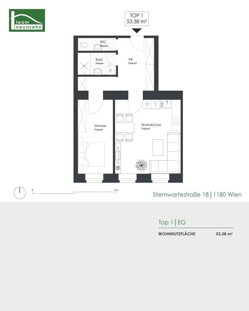 Grundriss der Wohnung TOP 1 mit 53,38 m² Wohnfläche und offener Wohnküche.