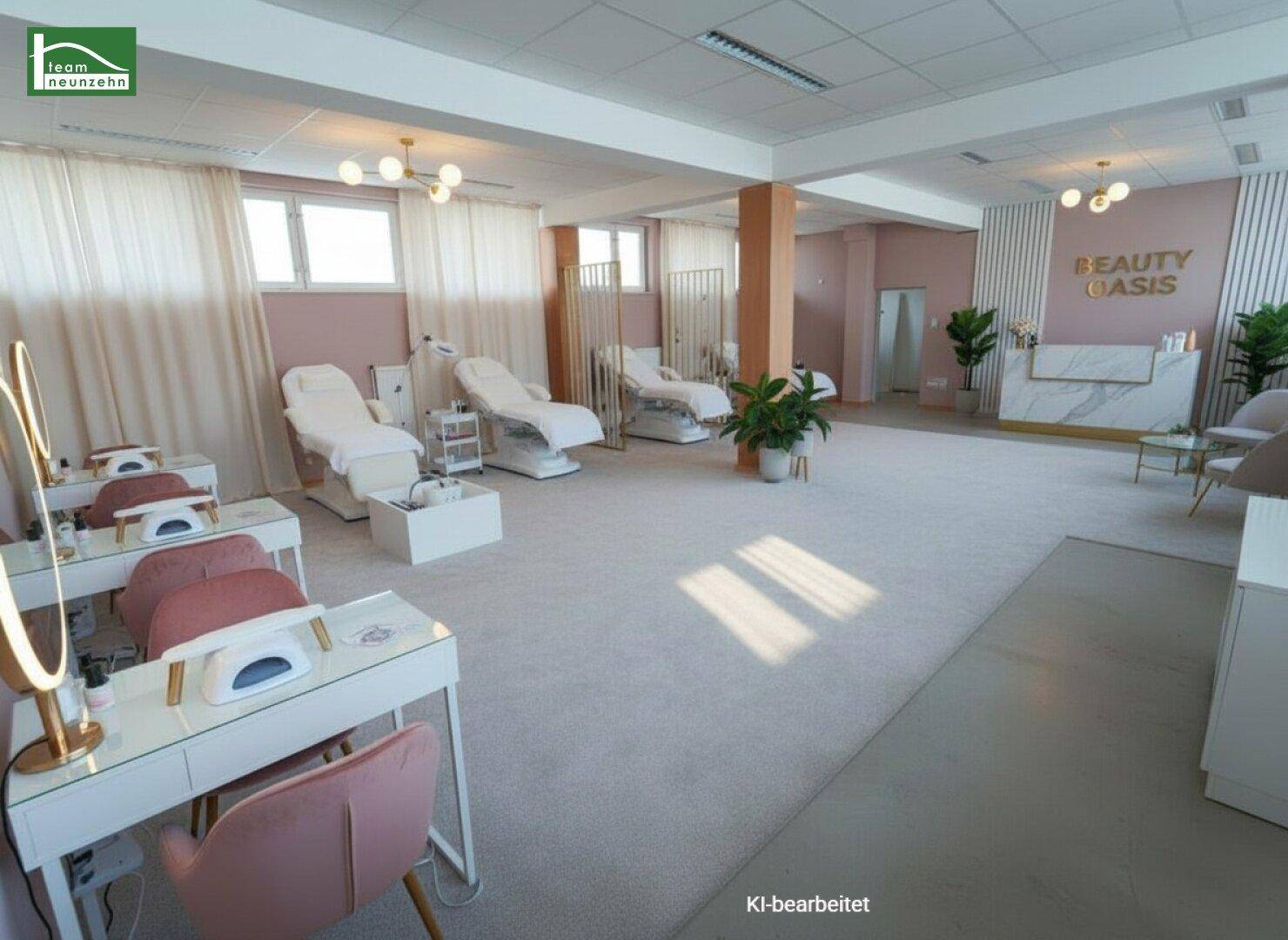 Heller, moderner Gewerberaum, eingerichtet als Beauty-Oase mit Behandlungsstühlen und Empfangsbereich.