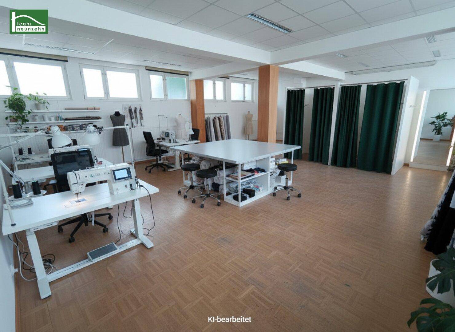 Geräumiger Arbeitsraum, eingerichtet als Nähwerkstatt mit mehreren Nähmaschinen, großen Arbeitstischen und Umkleidekabinen.