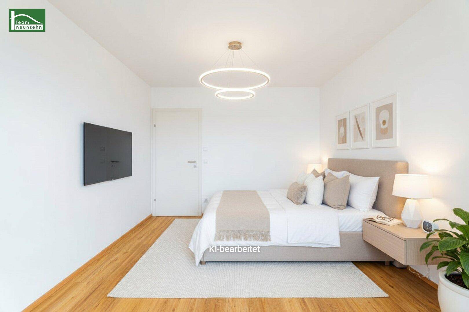 Modern eingerichtetes Schlafzimmer mit Doppelbett, Holzboden und minimalistischer Beleuchtung.