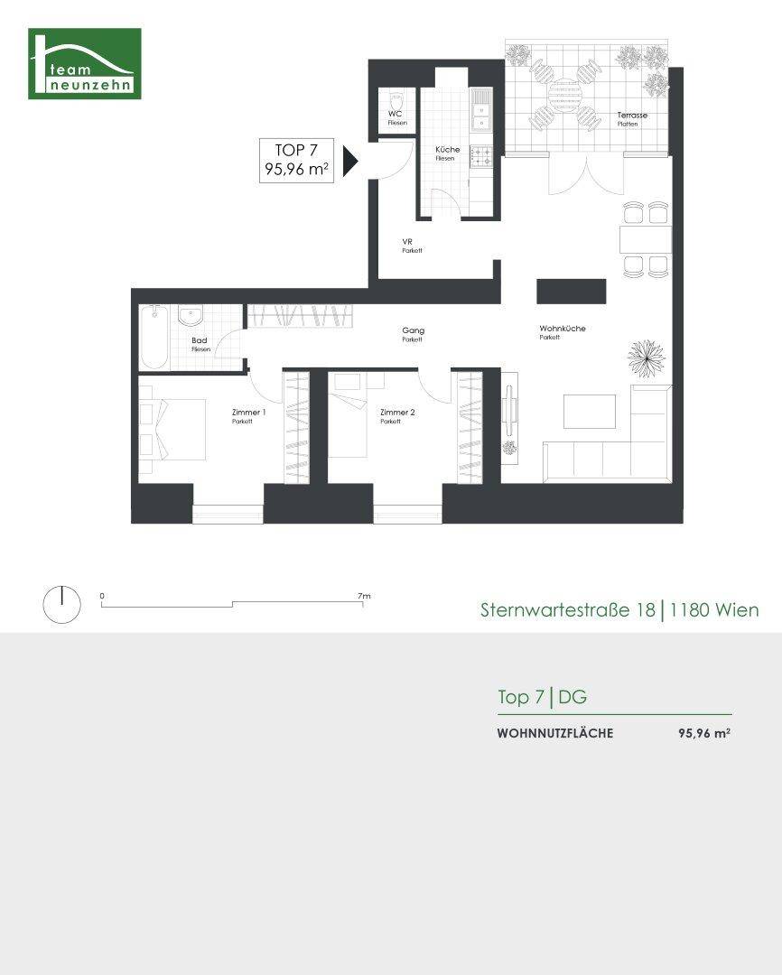 Grundriss der Wohnung Top 7 mit 95,96 m² Wohnfläche, offener Küche und großer Terrasse.