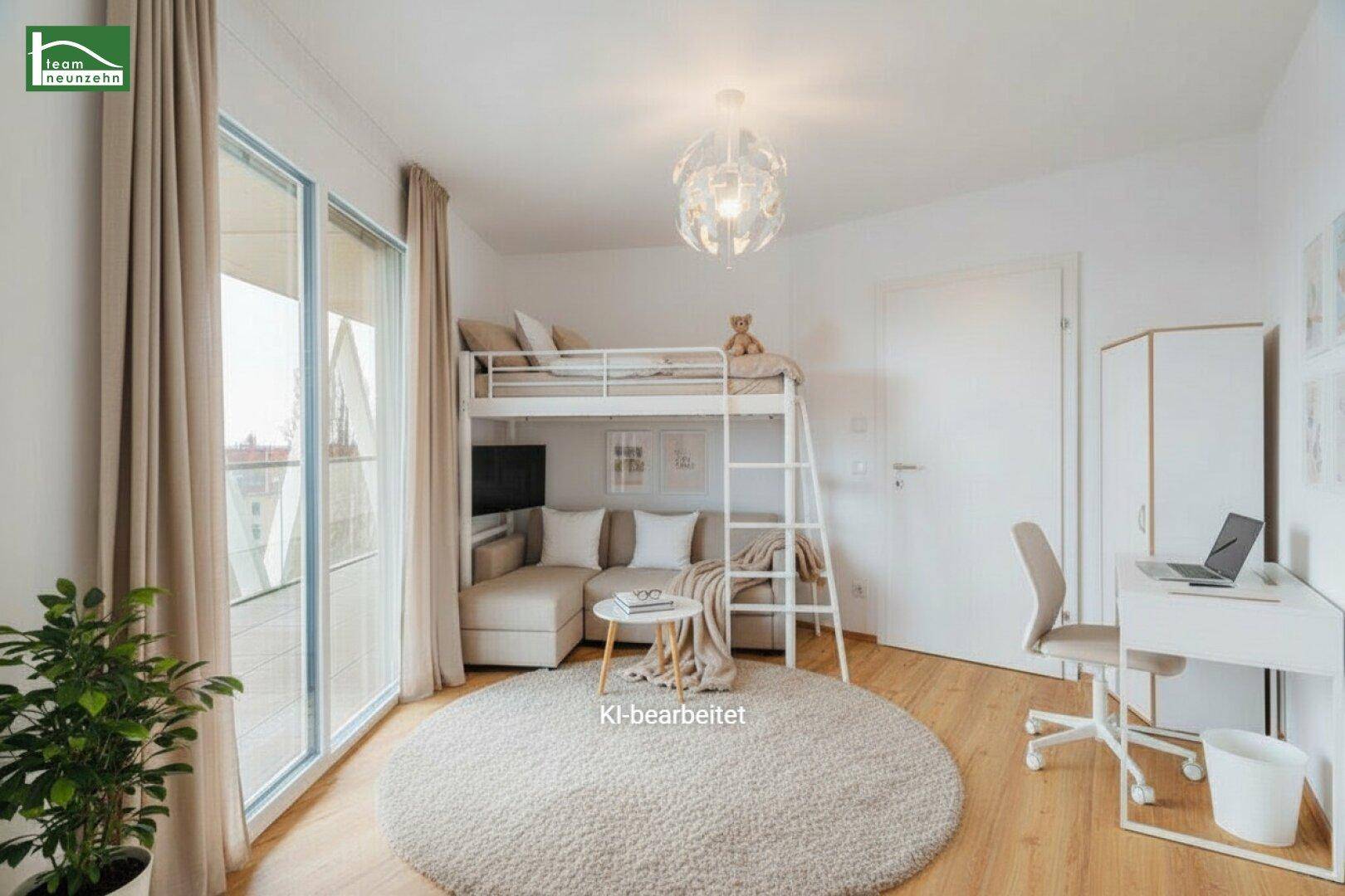 Modern eingerichtetes Kinderzimmer mit Hochbett, Schreibtisch und Zugang zu einem Balkon.