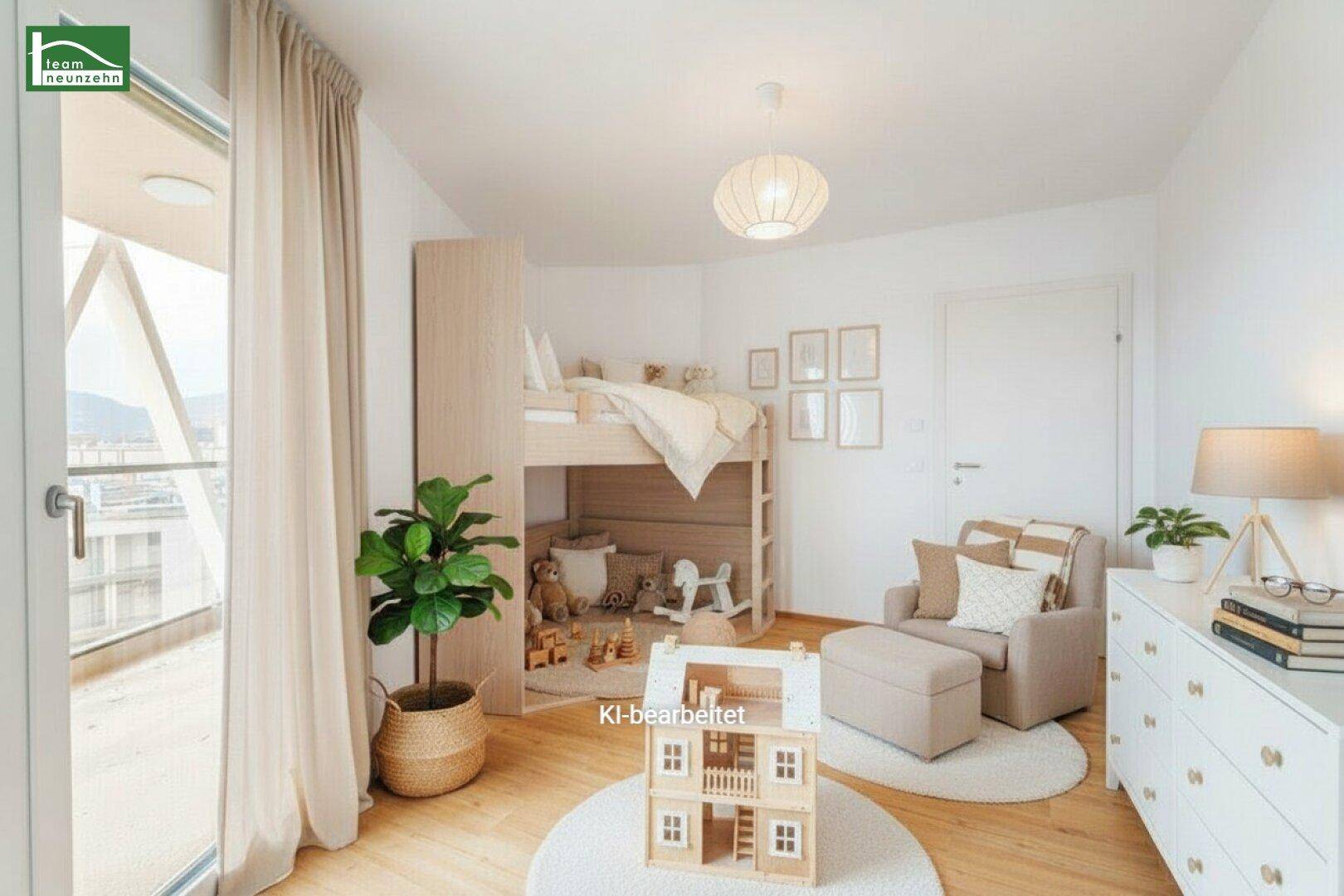 Freundliches Kinderzimmer mit Etagenbett, Spielzeug und Balkonzugang.