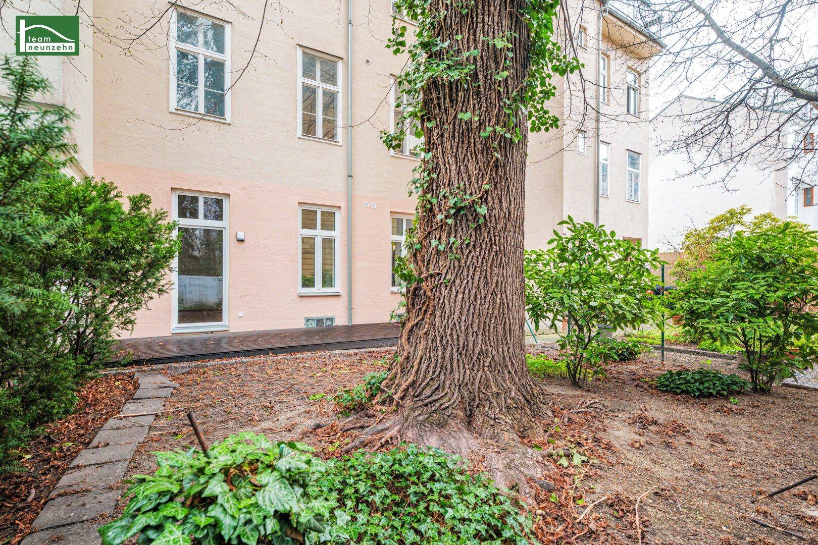Grüner Gartenbereich mit altem Baum und Zugang zur Holzterrasse des Gebäudes.