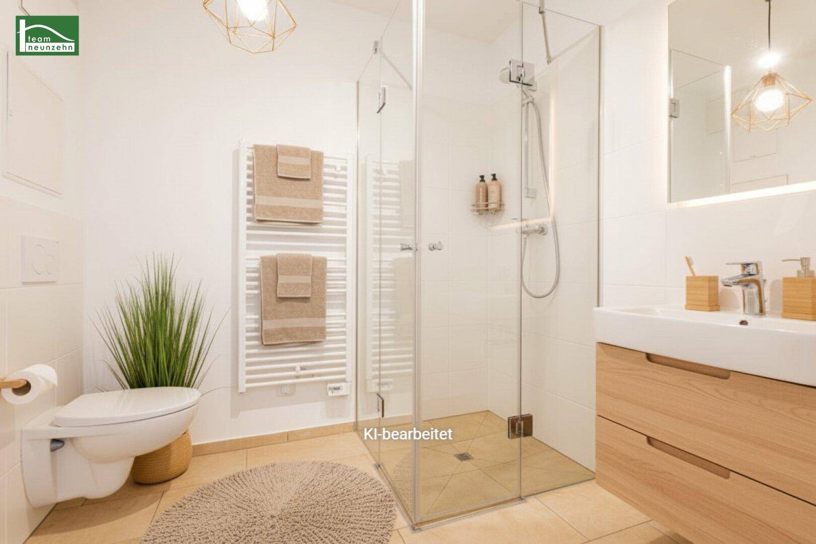 KI-bearbeitetes Badezimmer mit moderner Dusche, Holzwaschtisch und stilvoller Dekoration.