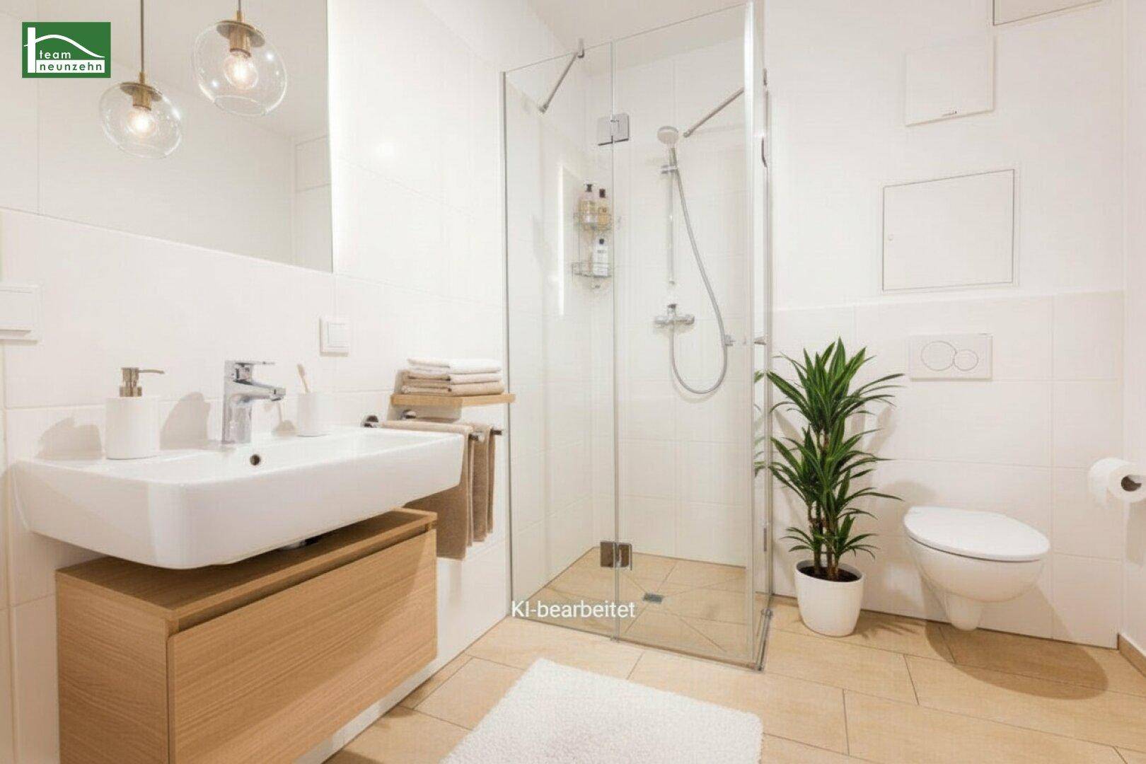 KI-bearbeitetes Badezimmer mit modernem Waschtisch, ebenerdiger Dusche und Pflanzenakzent.