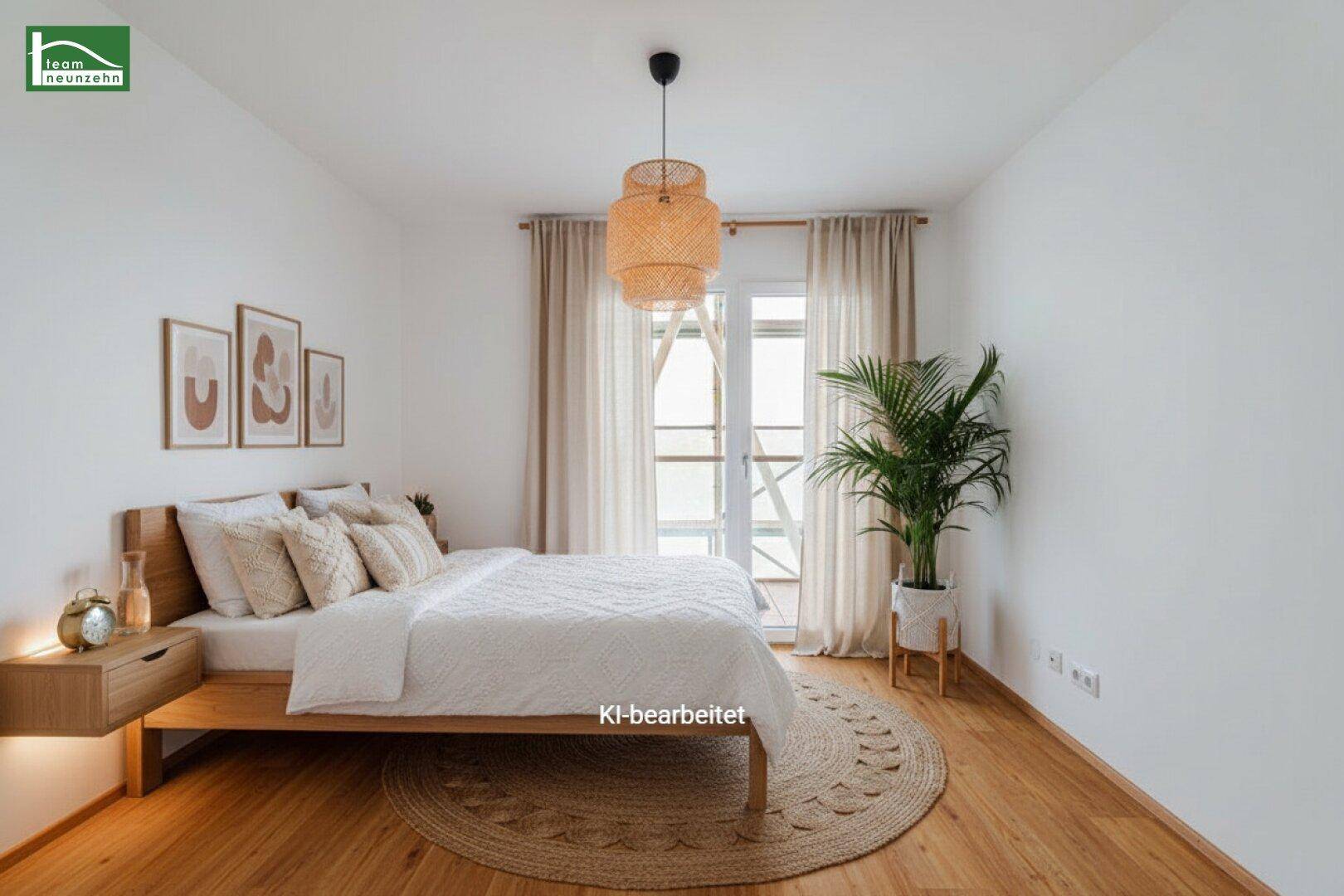 KI-bearbeitetes Schlafzimmer mit Doppelbett, Nachttischen und Balkonzugang.