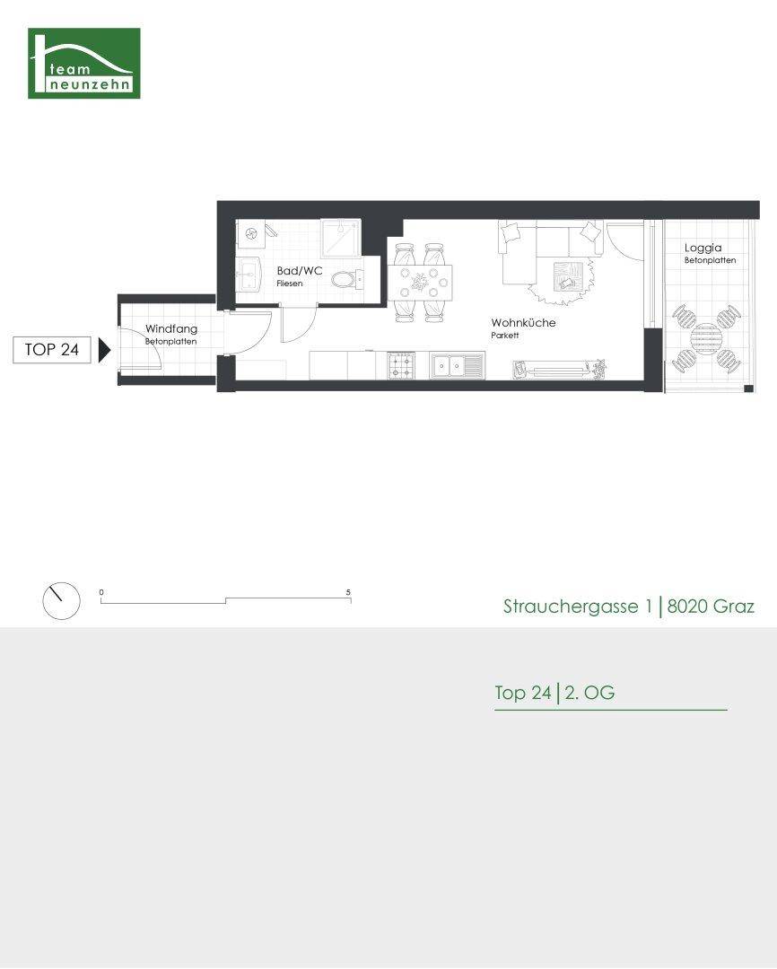 Detaillierter Grundriss einer Wohnung mit Windfang, Bad/WC, offener Wohnküche und einer gemütlichen Loggia.