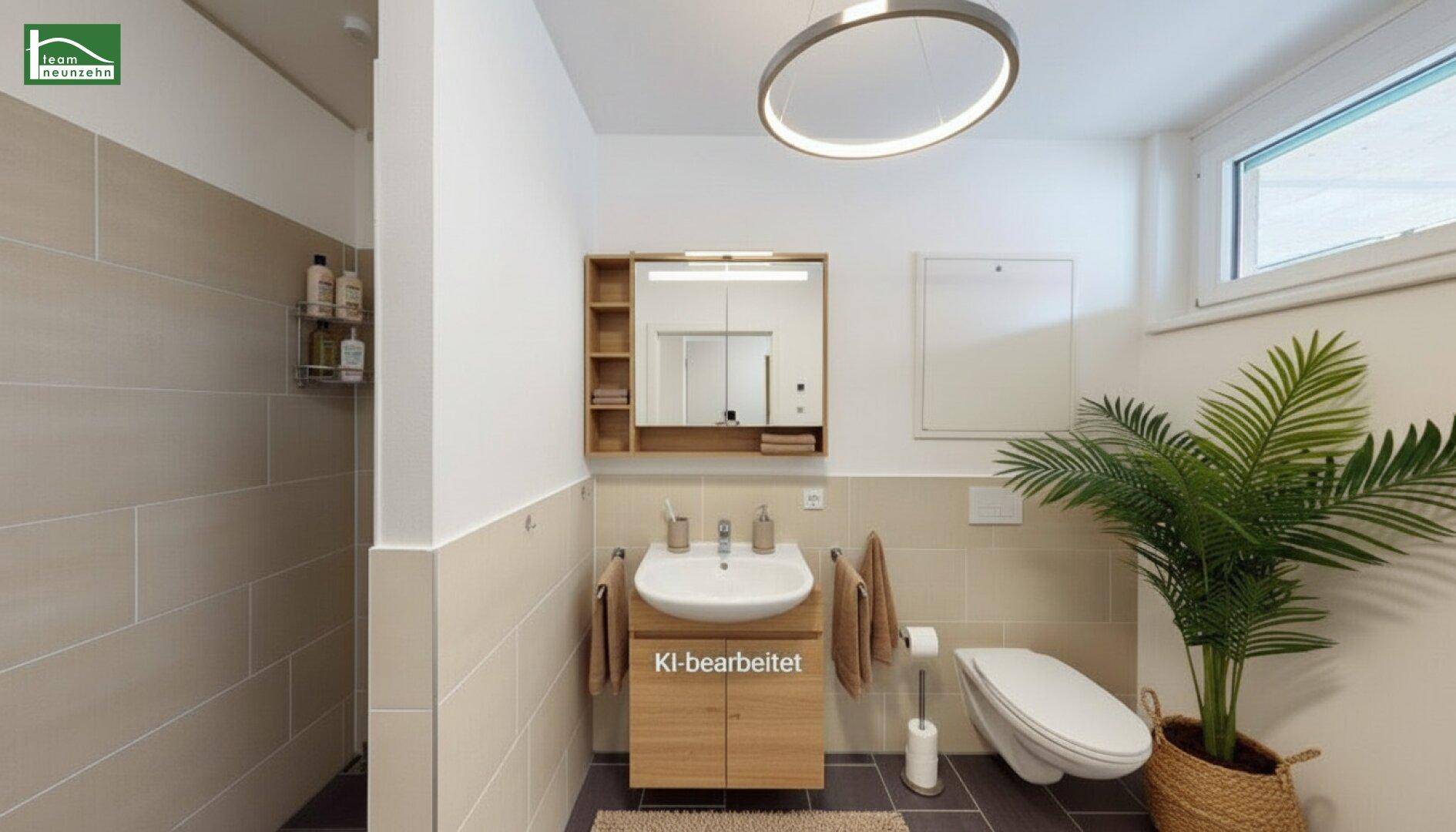 Visualisierung eines modernen Badezimmers mit Holzmöbeln, Dusche und Fenster für Tageslicht.