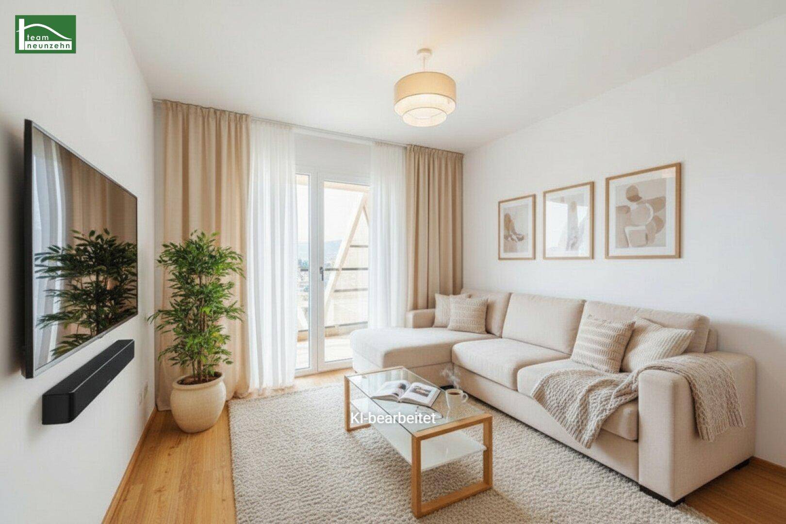 Modern eingerichtetes Wohnzimmer mit hellem Sofa, Teppich und Balkonzugang.