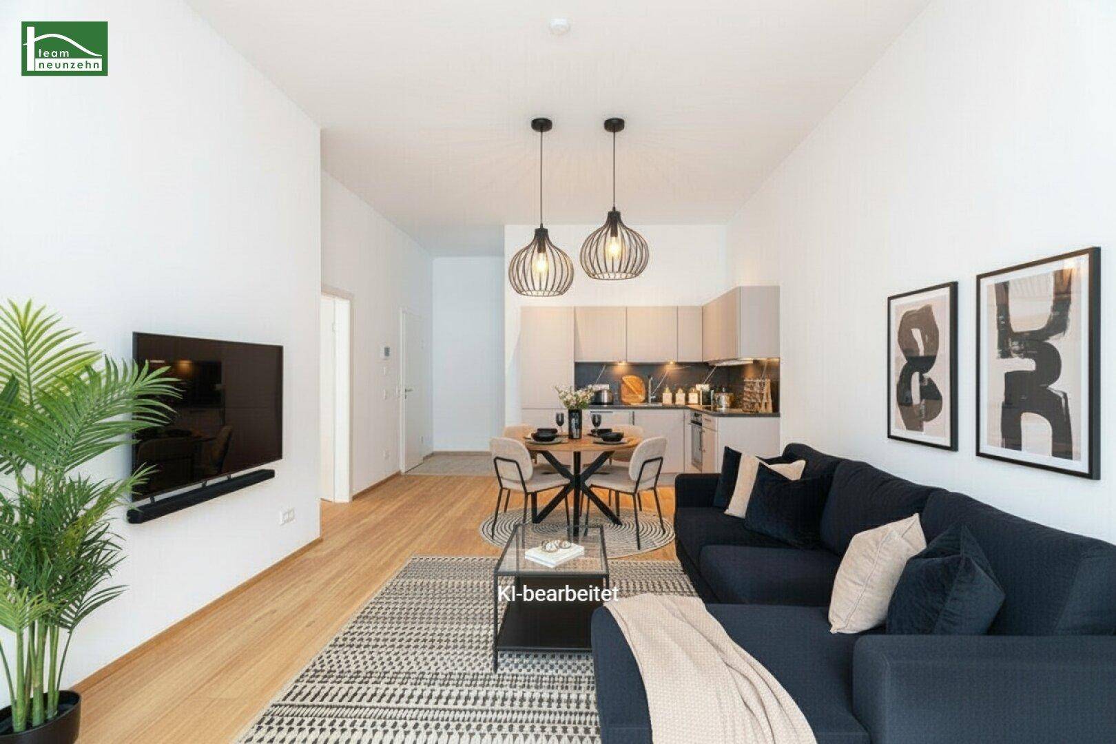 Gemütlicher Wohn-Essbereich mit offener Küche, Sofa, Esstisch und moderner Dekoration.