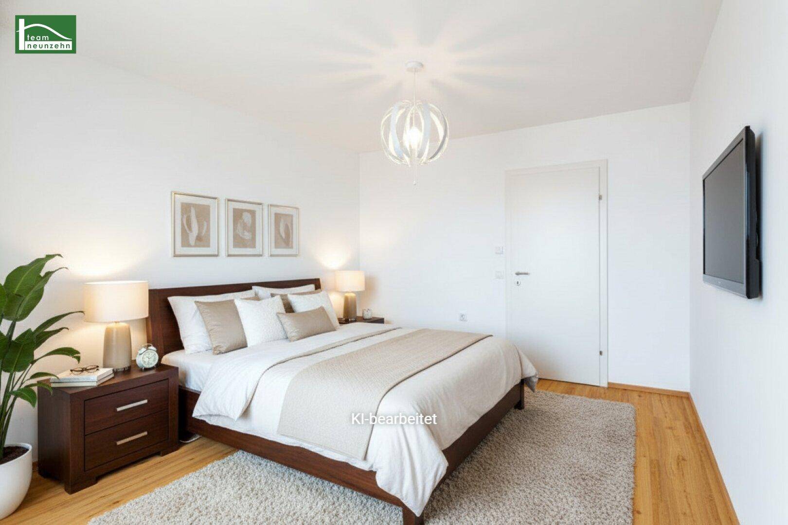 Virtuell möbliertes Schlafzimmer mit Doppelbett, Nachttischen und Teppichboden.