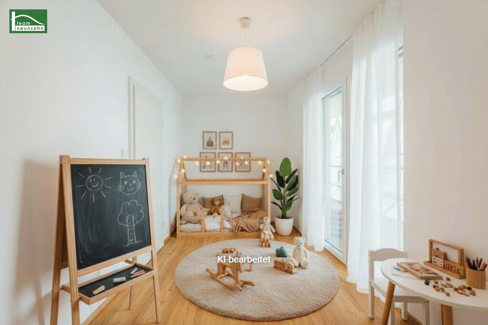 Virtuell inszeniertes Kinderzimmer mit Holzbett, Spielzeug und hellem Parkettboden.