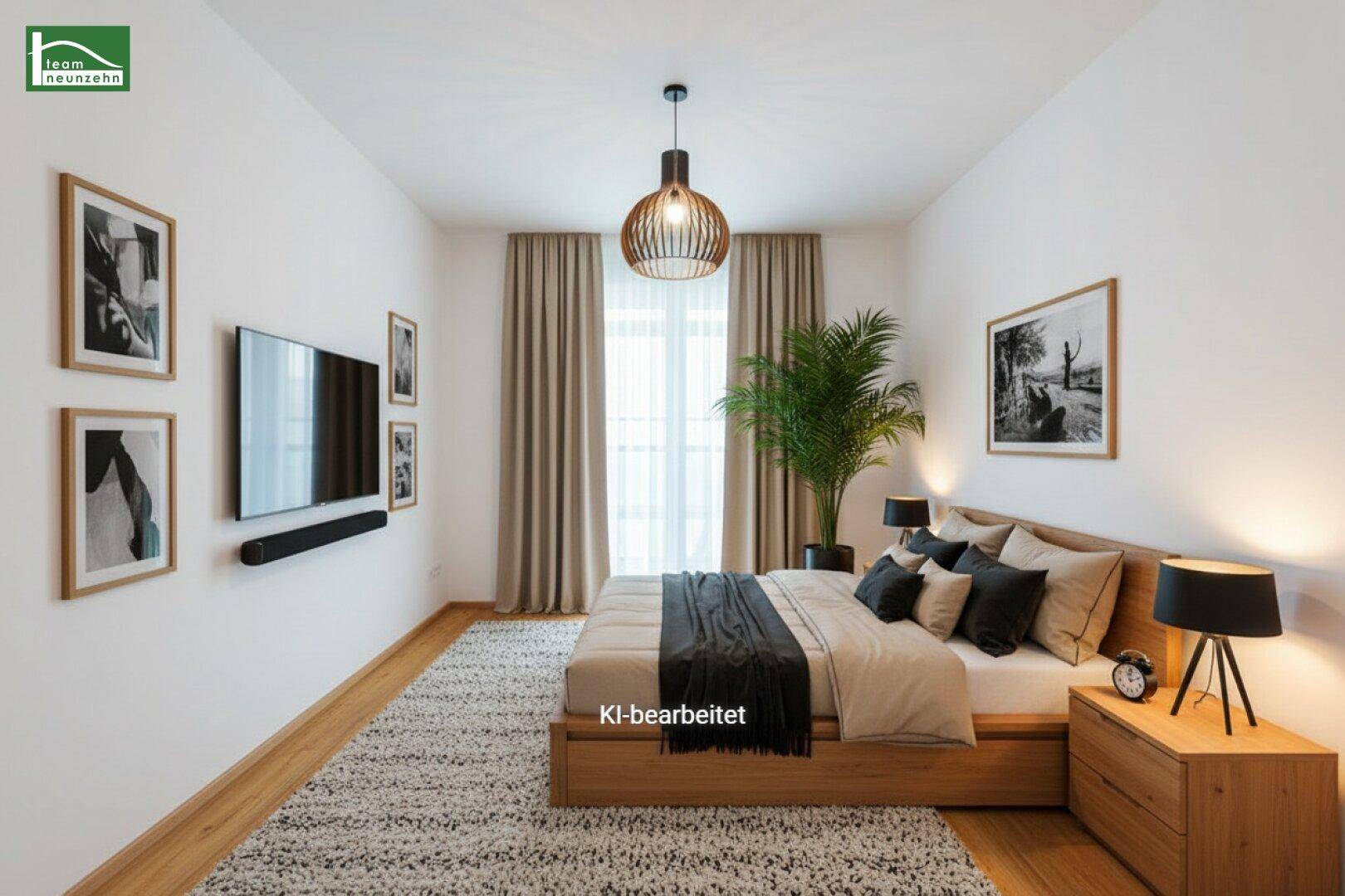Gemütliches Schlafzimmer mit Holzbett, Parkettboden und modernem Dekor, KI-bearbeitet.
