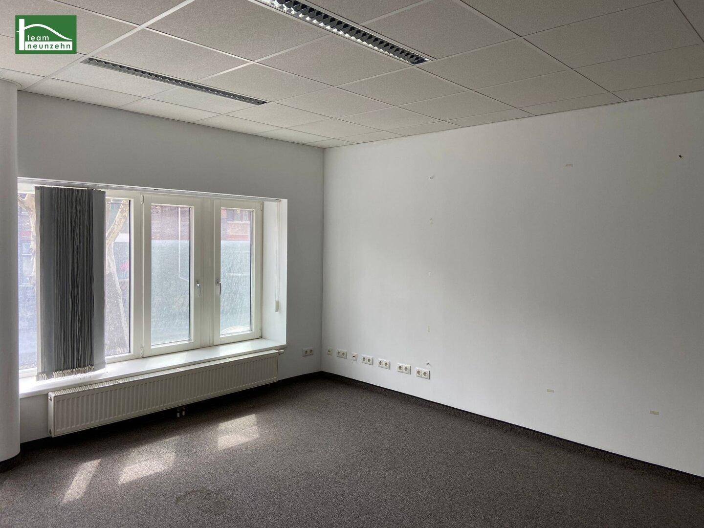 Helles Büro mit Teppichboden, abgehängter Decke und großen Fenstern mit Heizkörpern.