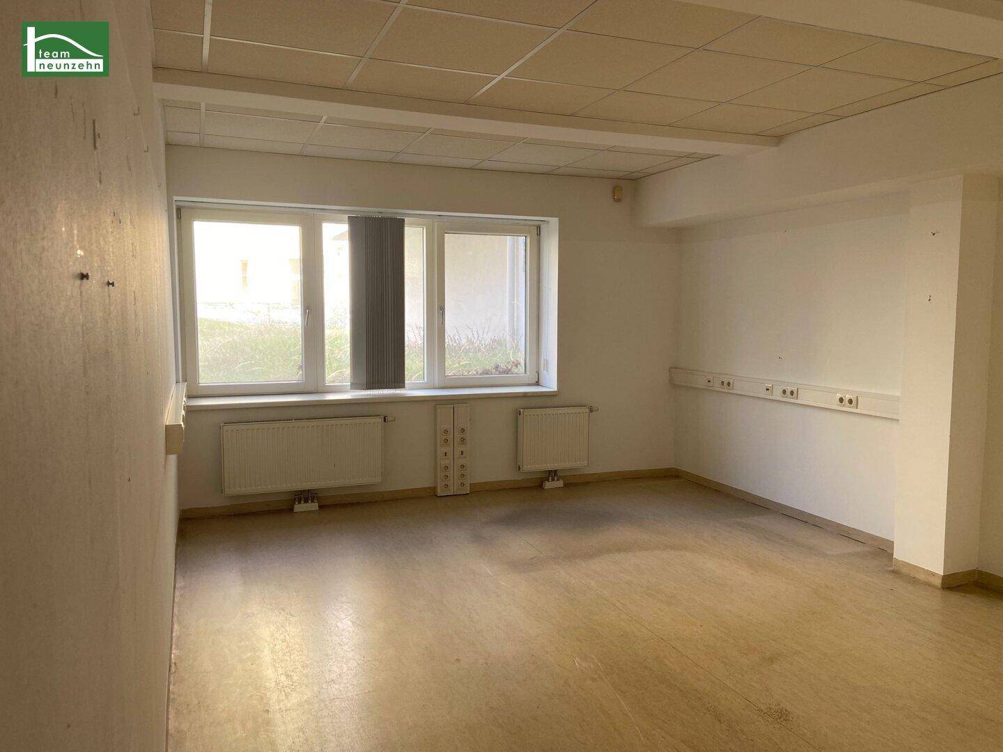 Geräumiges Büro mit Laminatboden, großen Fenstern und Heizkörpern unter der Fensterbank.