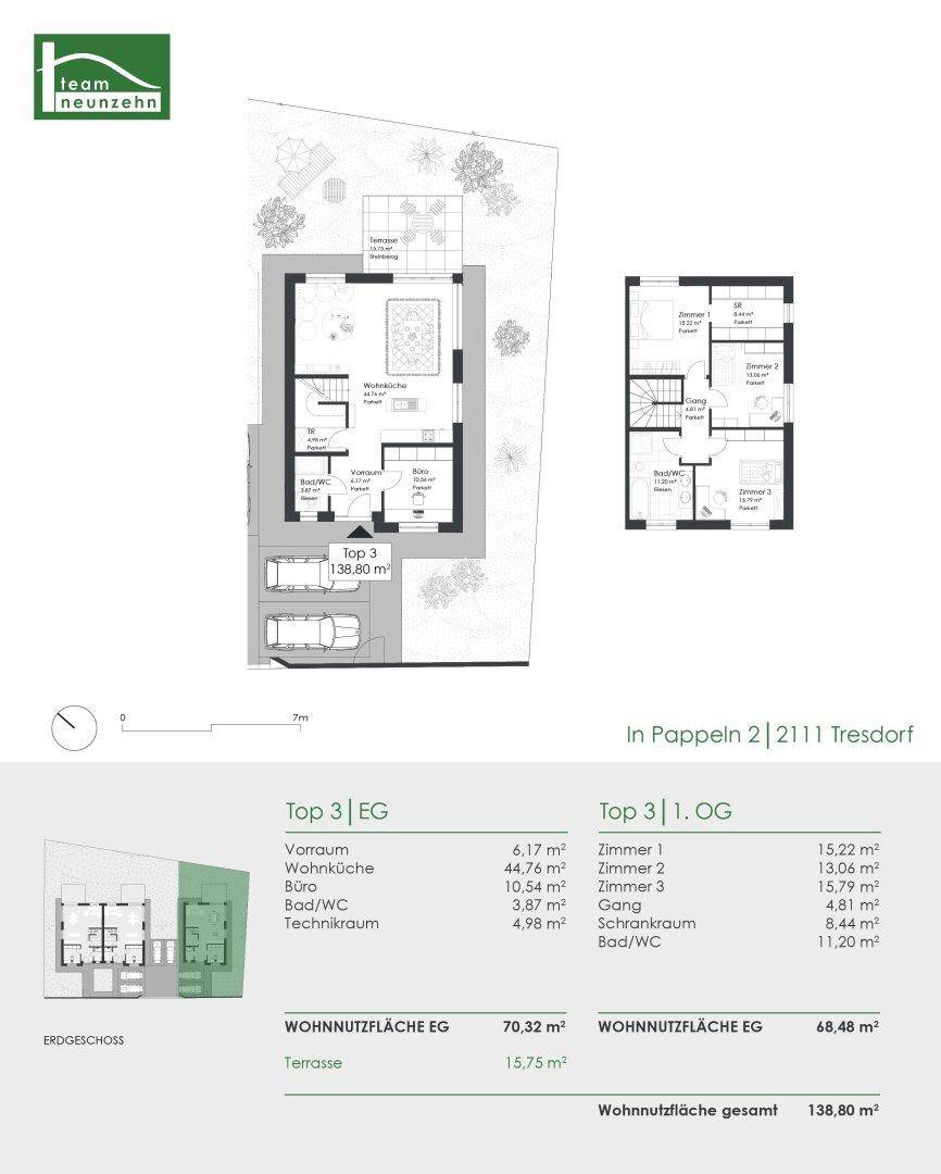 Detaillierter Grundriss des Erdgeschosses und Obergeschosses mit Flächenangaben und Terrasse.