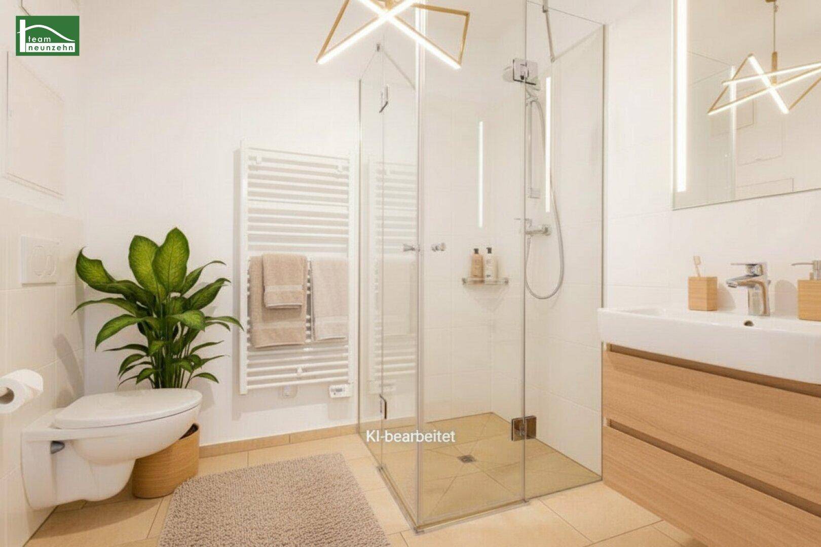 Stilvolles Badezimmer mit moderner Einrichtung, ebenerdiger Dusche und Holzwaschtisch.